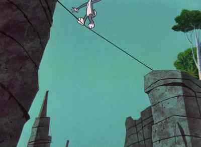 TAKE ONE STEP
ON THAT ROPE,
AND I'LL CUT IT! - Bugs Bunny's 3rd Movie: 1001 Rabbit Tales