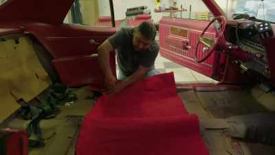 [Terry] Installing the carpet, - Shorty's Dream Shop