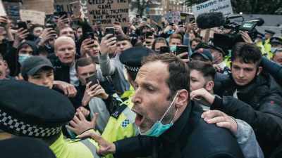 That huge image of Petr Cech
speaking to the crowd, - Super Greed: The Fight for Football