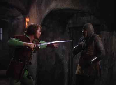 The door, quick ! Quick, or I'll trim that beard for you ! - The Adventures of Robin Hood