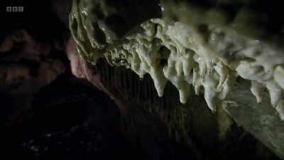 The dripping water builds
stalactites and stalagmites, - Wild Isles