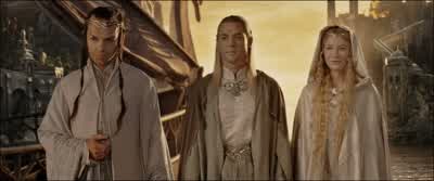 The power of the Three Rings is endedThe time has comefor the dominion of MenIN ELVISHI think I'mquite ready for another adventureFarewellmy brave HobbitsMy work is now finishedHere at last on the shores of the seacomes the end of our FellowshipI will not - The Lord of the Rings: The Return of the King