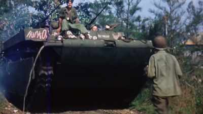 The pre-landing
bombardment does its job. - The Pacific War in Color