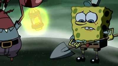 The Sponge was holding
a muddy shovel and shaking. - SpongeBob DocuPants