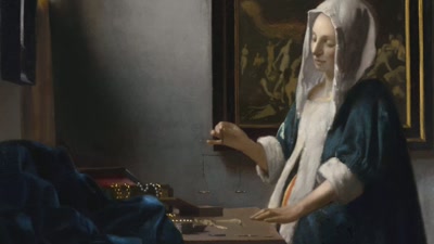 The table is partially covered
by a large blue cloth - Vermeer: The Greatest Exhibition