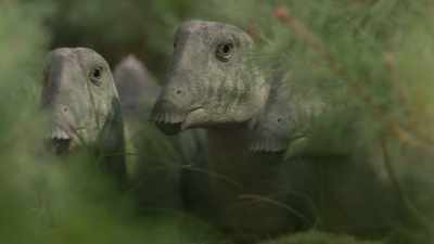 These small calves have been left behind
among the saplings. - Prehistoric Planet