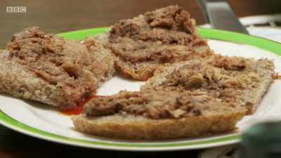 - This is bread and pilchards. 
- I'm not looking forward to it. - Back in Time for Dinner