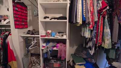 This closet has become a drop zone,
and it's overflowing with different items. - Get Organized with The Home Edit