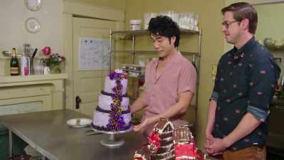 Three-tiered, vanilla,
and inside, - No Recipe Road Trip With the Try Guys