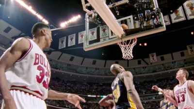 Throws up a little hook.
It bounces home, plus a foul! - The Last Dance