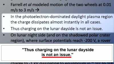 Thus, electrostatic charging
is not a problem in the bright zone". - American Moon