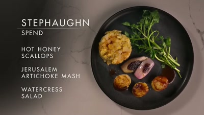 Uh, all right, first dish,
you have pan-seared scallops - Cook at all Costs