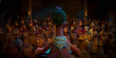 [uneasy string music playing] - Chicken Run: Dawn of the Nugget