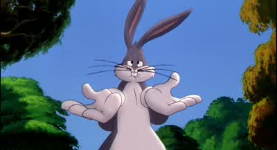 WE SEEK THE ONE THEY CALL BUGS BUNNYYEAH BUGS BUNNYHAVE YOU SEEN 'IMWHERE IS THIS GUYIS HE AROUNDHMM BUGS BUNNYBUGS BUNNYSAY DOES HE HAVE UH GREAT BIG LONG EARSLIKE THISYEAH UH HUH YEAHAND DOES HE HOP AROUND LIKE THISYEAH YEAH YEAHWELL UH DOES HE - Space Jam