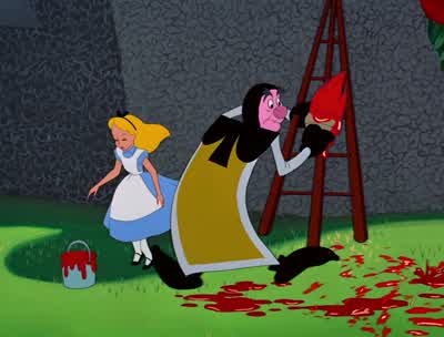Painting the roses red We're painting the roses redDon't tell the Queen what you have seenOr say that's what we said but we're painting the roses redYes painting the roses redNot pink Not green Not aquamarineWe're painting the roses red - Alice in Wonderland