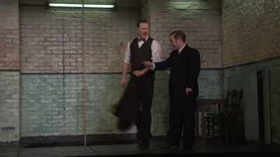 What were I supposed to do, Harry?
He were clinging on to that b-b-bedstead... - National Theatre Live: Hangmen