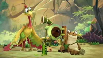 -Whatcha got there, Mazu?
-A peapod-shelling machine! - Gigantosaurus