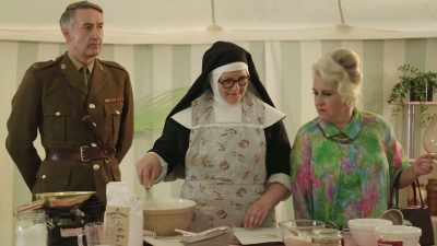  -[whisk scraping]
 -[batter sloshing] - Sister Boniface Mysteries