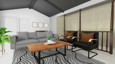  With stylist seating
 and wallpaper
 with a modern print. - Renovation Impossible