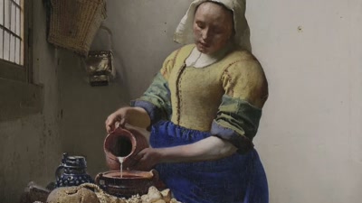 WOMAN: So, we're looking
into a 17th century kitchen, - Vermeer: The Greatest Exhibition