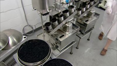 Workers empty the containers
into large colanders. - How It's Made