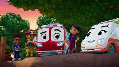 Yeah! Then Piston can swing
back here with Jazzy and Piper. - Firebuds