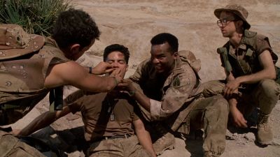 Yeah but why is he acting so wasted Oh that's the morphine - In the Army Now
