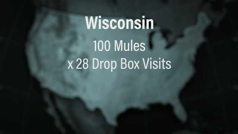 100 mules, averaging 28 drop box visits, and five illegal ballots per drop. That's 14