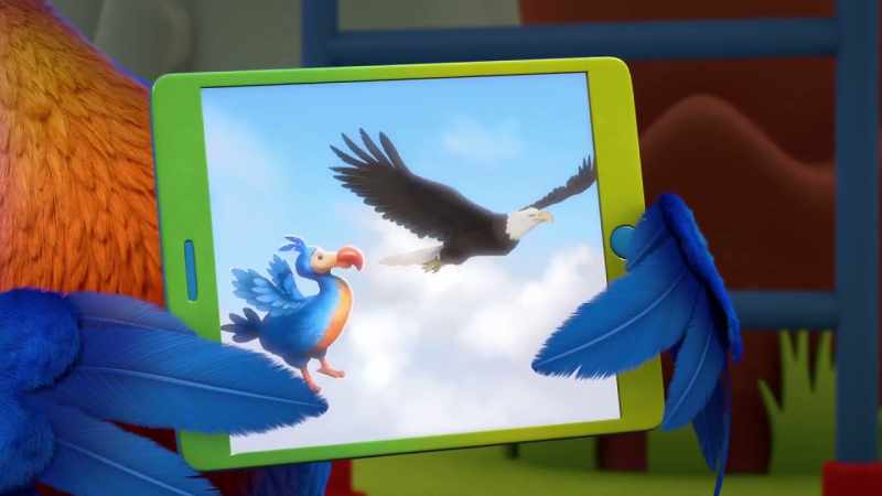 A dodo bird flying next to an eagle
