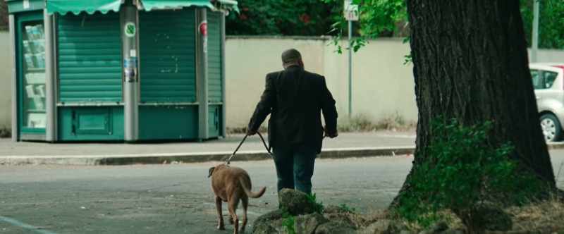 A guy with a beard walking his dog