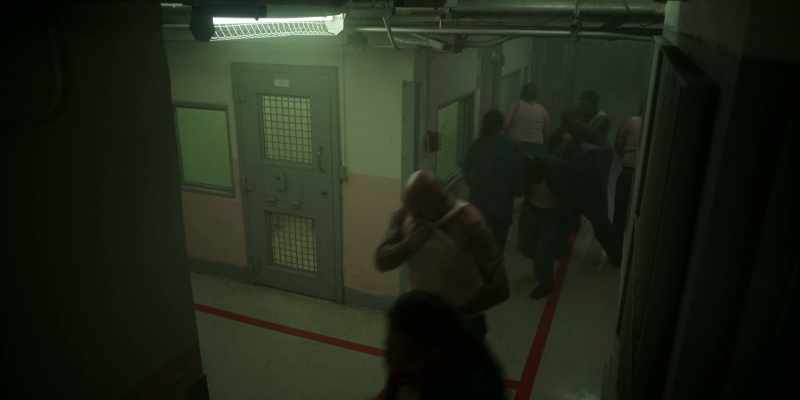 [alarm blaring] - [inmates coughing]