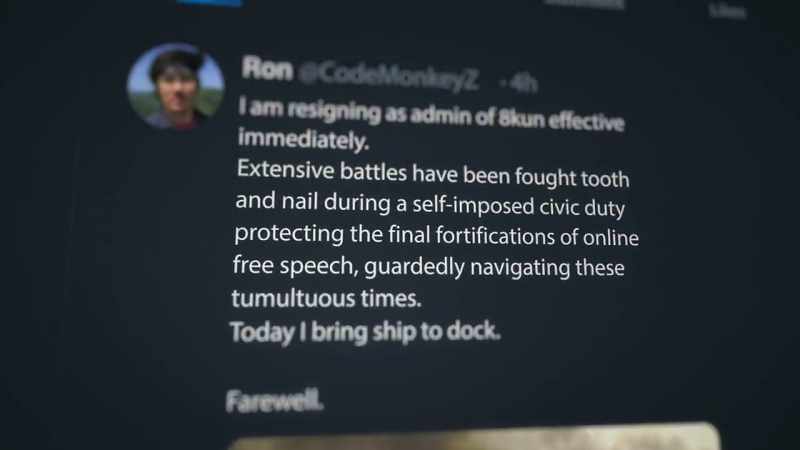 And that same day, Ron resigned as the admin of 8kun