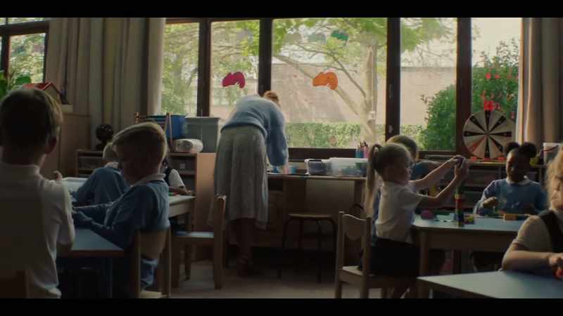 BELL RINGS, CHILDREN CHATTER INDISTINCTLY