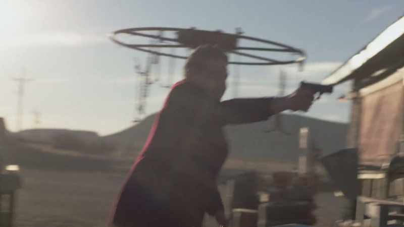 [bow thuds] - [gunshots]
