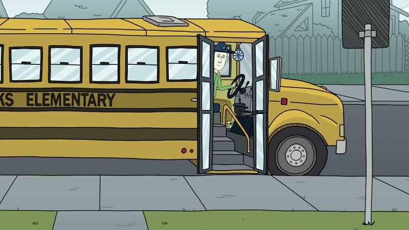 [bus horn honks]