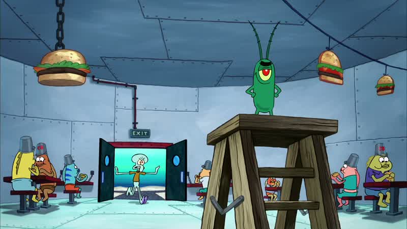 You're selling Krabby Patties eh PlanktonThat's right SquidwardAnd there's a free bucket helmet with every purchaseCare for oneNoYou may have hoodwinked everyone else in this backwater townbut you