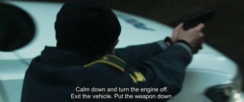 Calm down and turn the engine off. Exit the vehicle. Put the weapon down