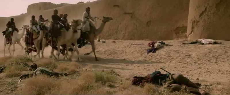 [Camels running, trumpet blows]