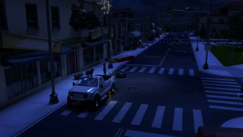 [car alarm blaring]
