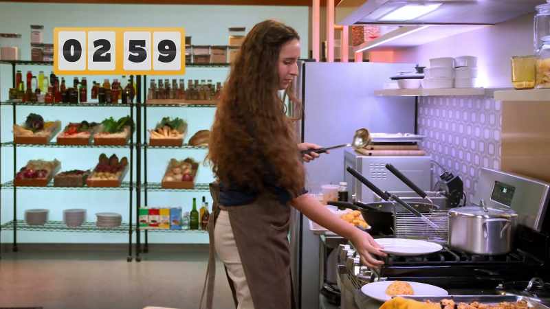 CHEFFY (on speaker): Chefs, three minutes remain