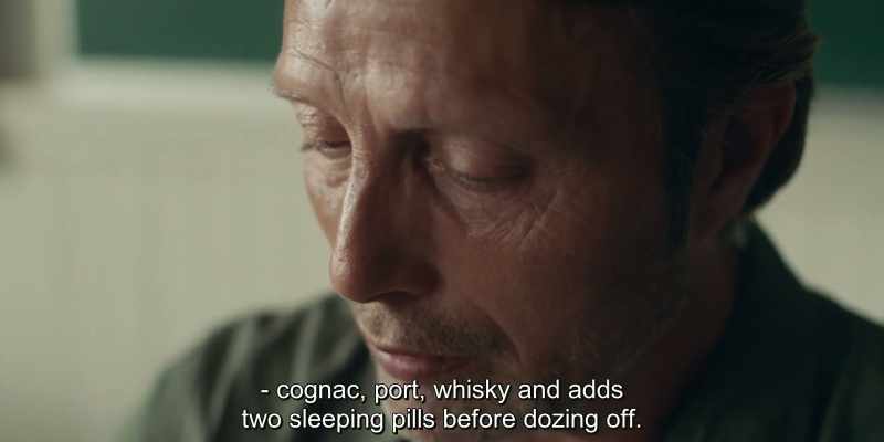 cognac, port, whisky and adds two sleeping pills before dozing off