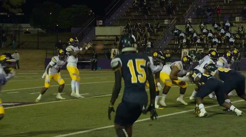 COMMENTATOR: Samuel takes the snap, retreats to throw