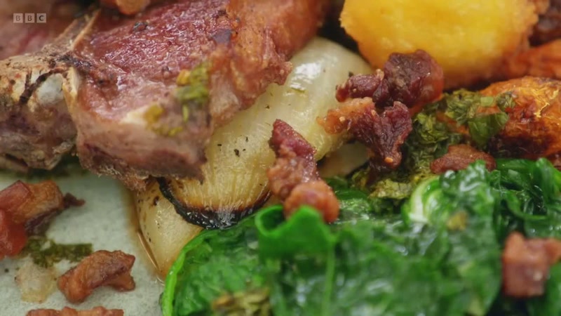 crispy roasties, kale and spinach