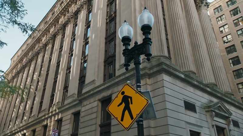 (crossing signal, horn honking)