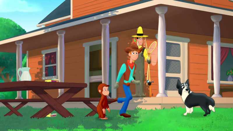 (Curious George chattering) (dog barking)