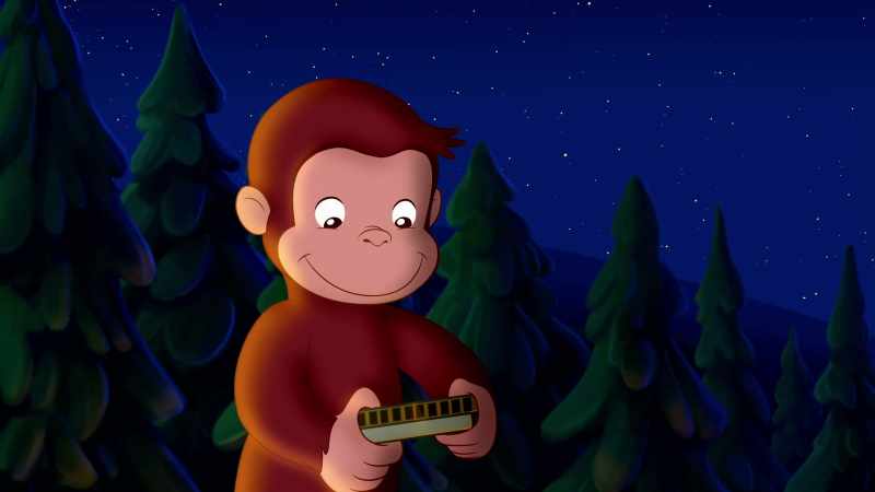 (Curious George playing harmonica)
