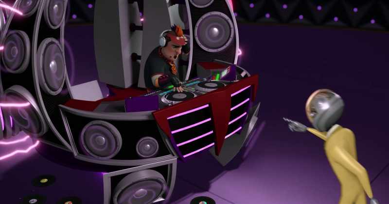 [dance music playing]