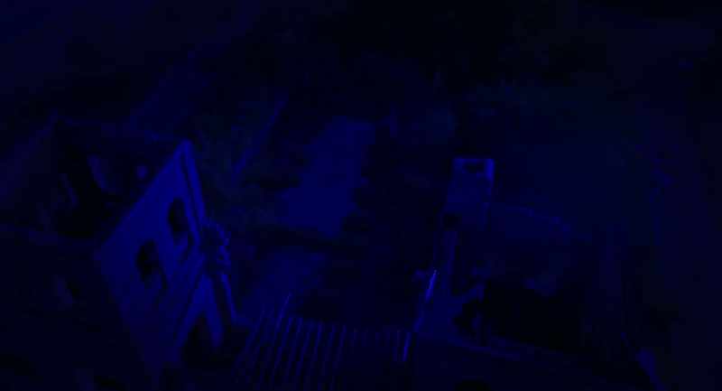 (Dramatic, jarring music) (Crickets chirping)