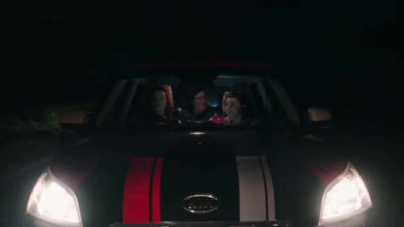 [Engine revs] - [Rock music playing]
