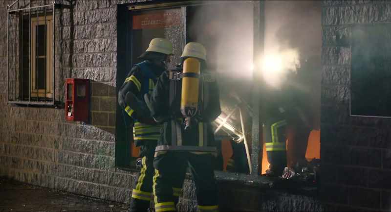 (Firefighters call out to each other)